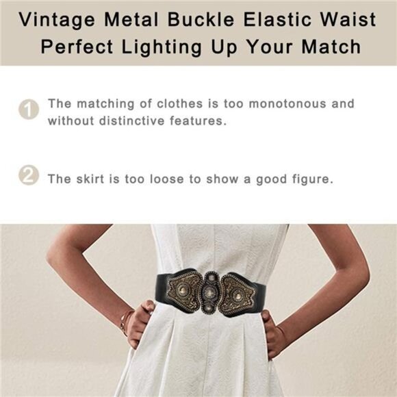 Retro Black & Bronze Chunky Metal Buckle Wide Waistbelt Stretchy Cincher‎ Belt main image 4